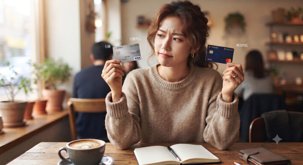 신용카드와 체크카드 중 어느카드를 써야 이익 더 많은지 비교하는 모습