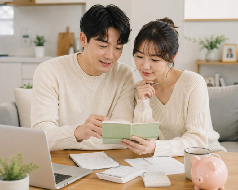 신혼부부가 통장관리에 대해 의논하는 모습