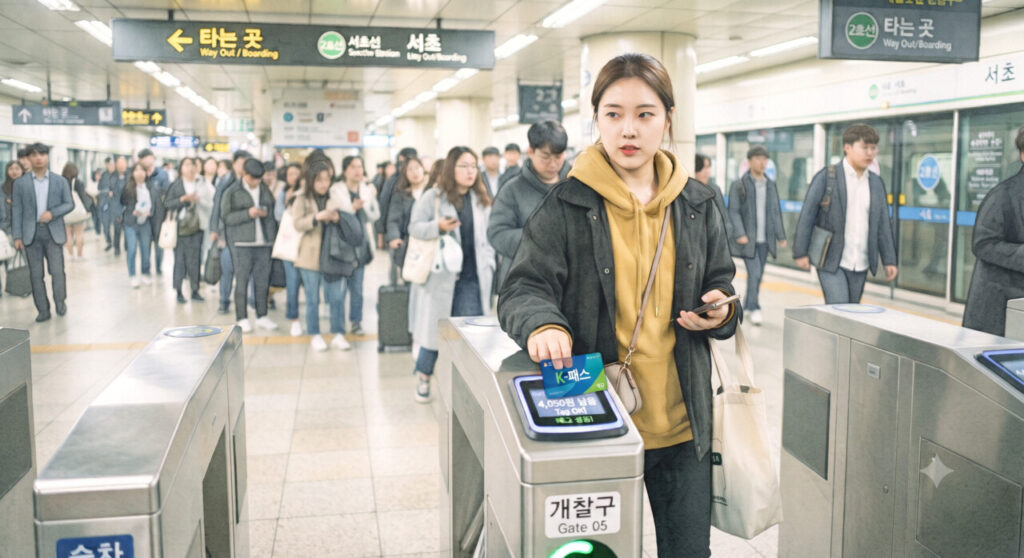 k패스카드를 이용하여 출퇴근하는 모습
