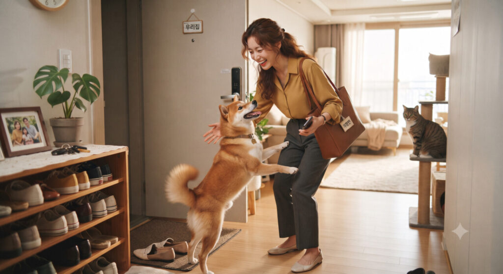 외출 다녀온 주인을 반갑게 맞이하는 반려동물
