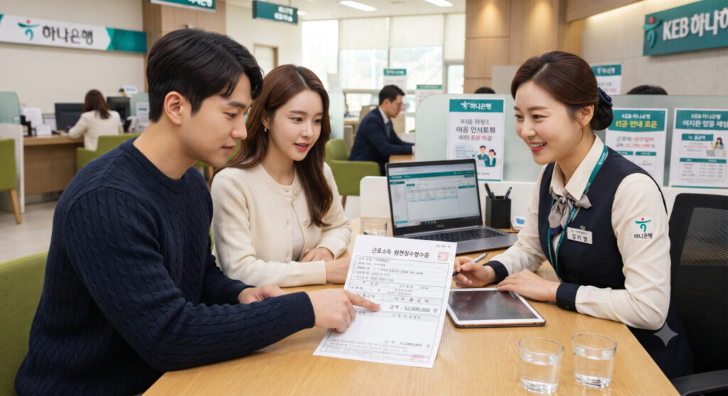 버팀목 전세대출을 받기위해 총급여를 확인하고 상담받는 모습