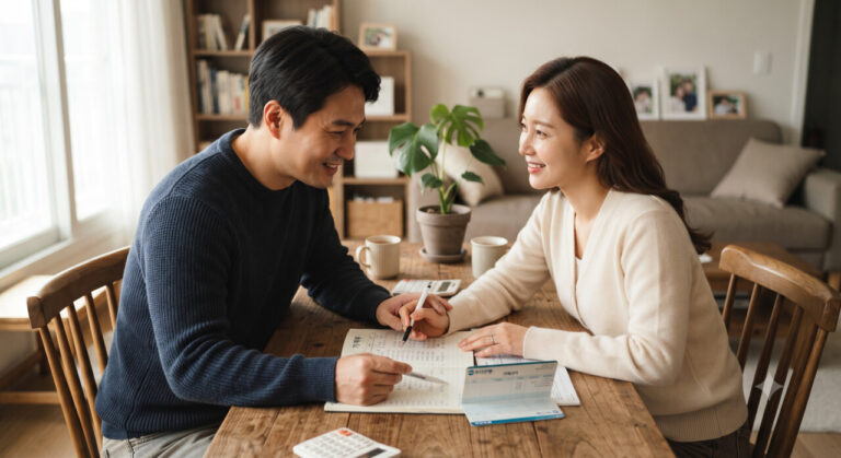 부부가 마주앉아 가계부와 통장을 보면서 의논하는 모습