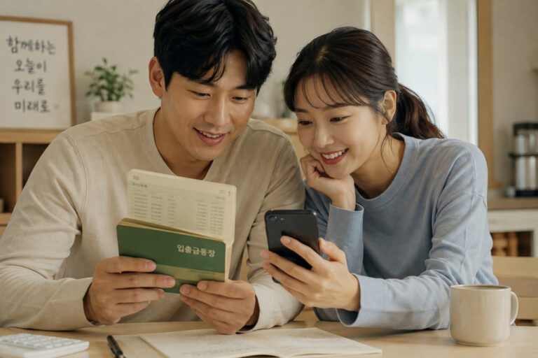 부부가 같이 공동으로 돈을 모으는 통장을 들여다보는 모습