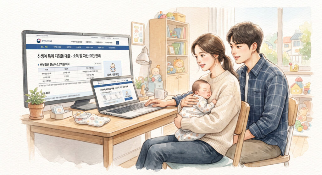 신생아 특례대출 소득 기준을 확인하는 모습