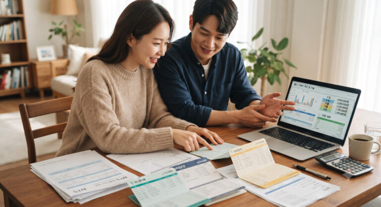 통장과 서류를 펼쳐놓고 재정상태를 이야기 하는 모습