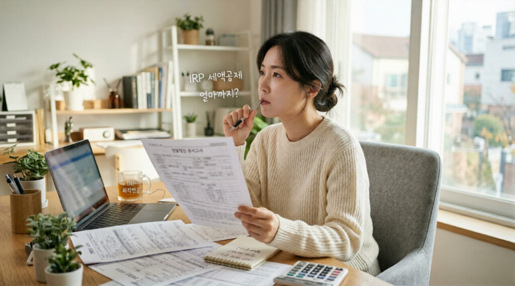 IRP 퇴직연금 세액공제를 얼마까지 받을 수 있는지 생각하며 서류를 정리하는 모습