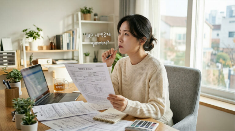 IRP 퇴직연금 세액공제를 얼마까지 받을 수 있는지 생각하며 서류를 정리하는 모습