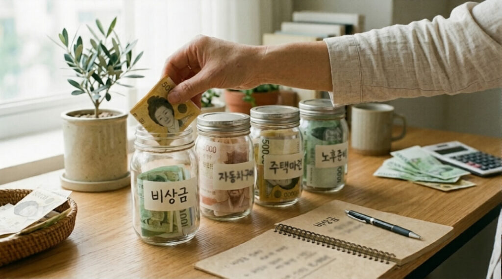 목표 기간별 자산배분을 위해 돈을 여러 저금통에 나눠 담는 모습