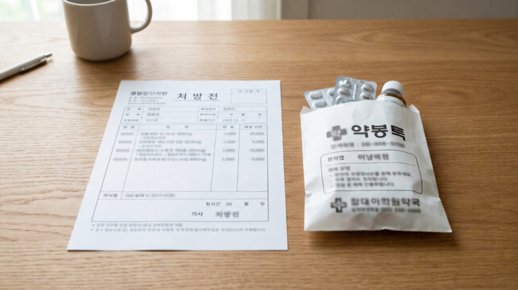 책상위에 놓인 처방전과 약봉투
